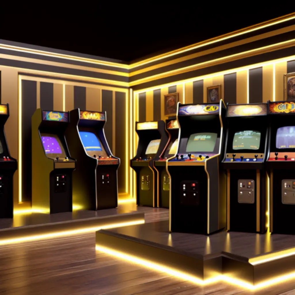 Zestaw klasycznych automatów z lat 80. w złotej stylistyce, odrestaurowanych do stanu muzealnego.