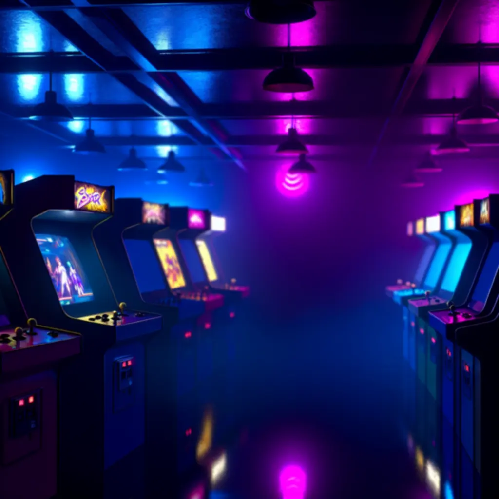 Ciemna, nastrojowa scena z automatami do bijatyk z lat 90. oświetlonymi neonami.