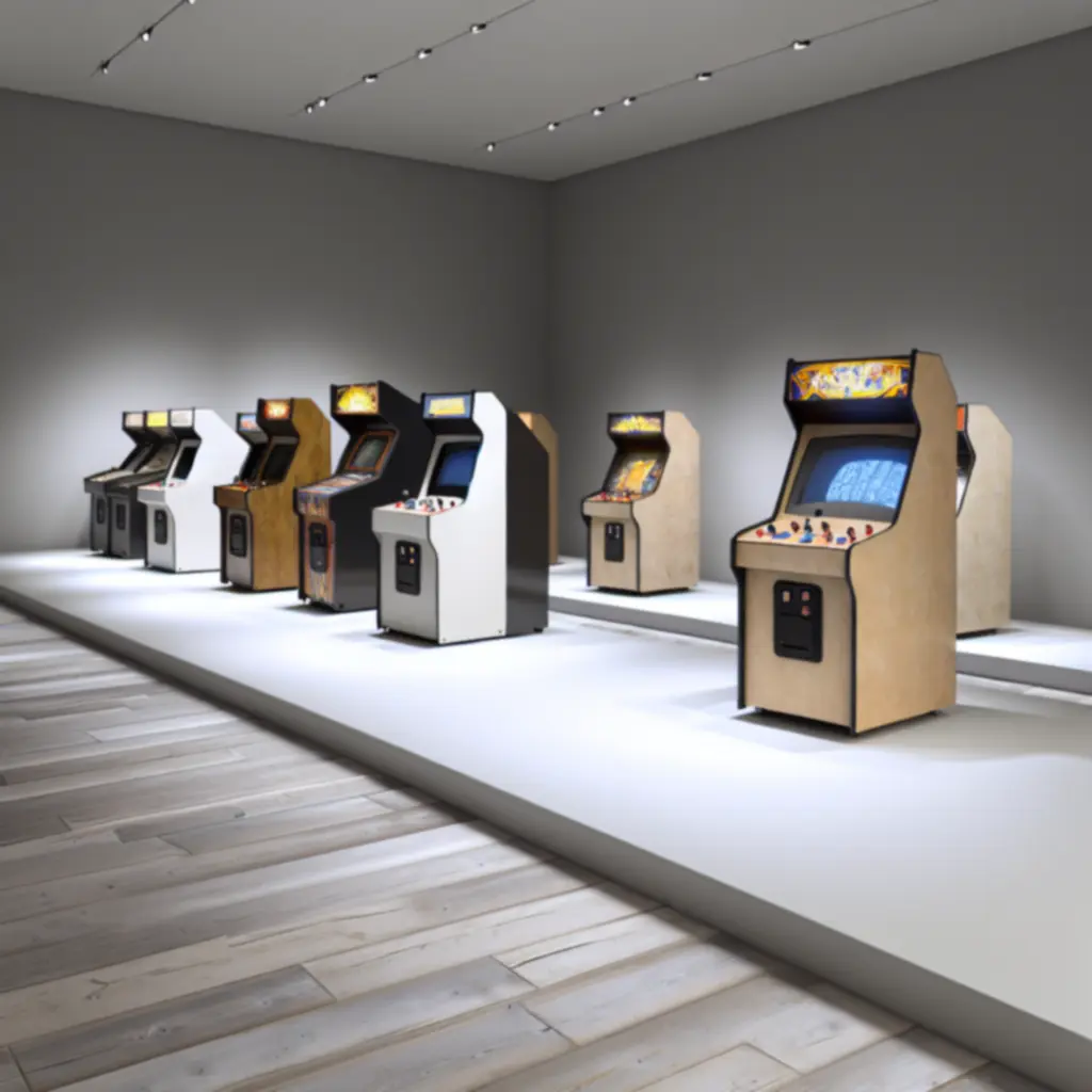 Kolekcja odrestaurowanych automatów arcade w eleganicznej, galeryjnej aranżacji