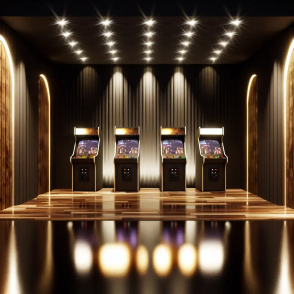 Eleganczna sala wystawowa z rzędem odrestaurowanych automatów arcade oświetlonych ciepłym, kinowym światłem.