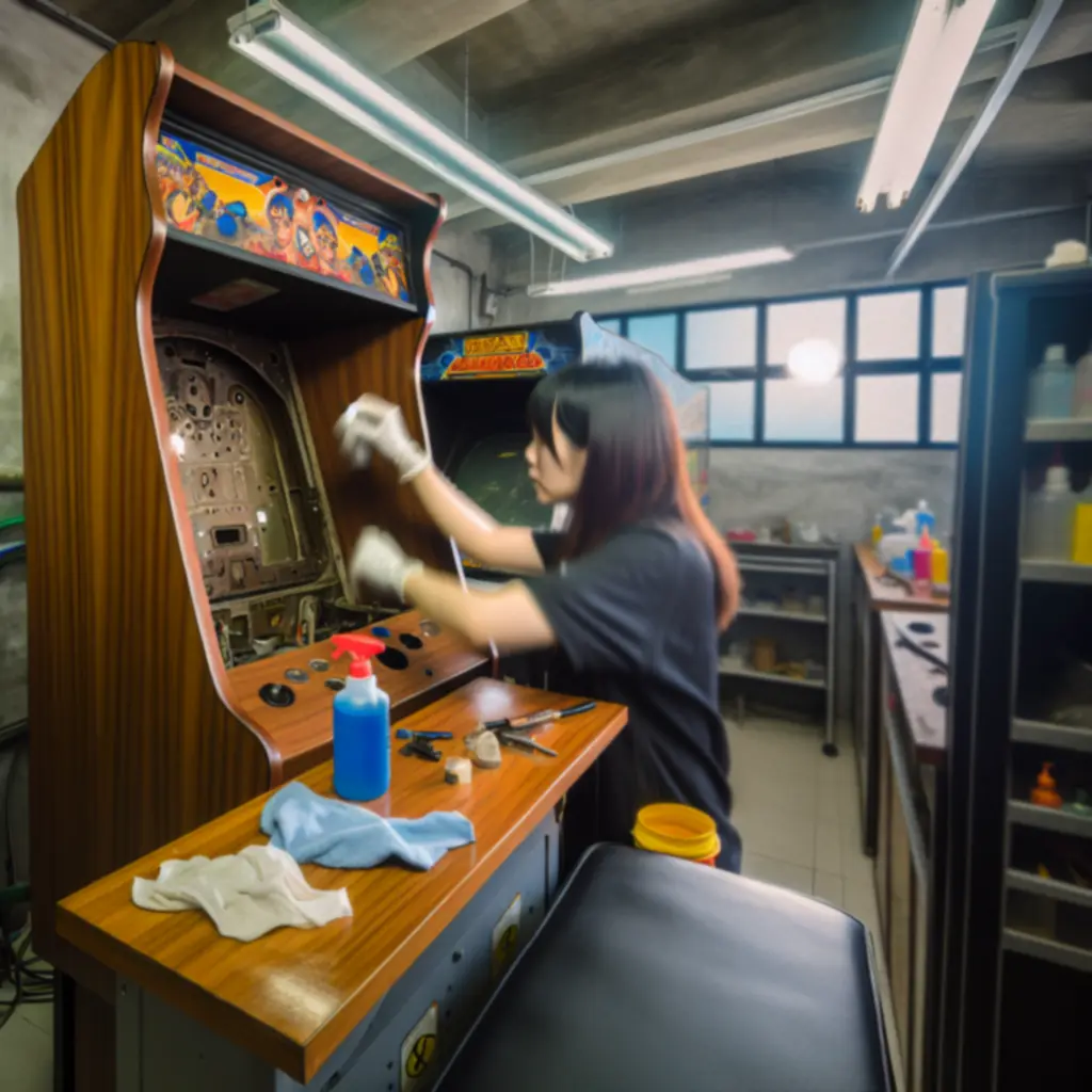 Zabytkowy automat arcade podczas precyzyjnej konserwacji w pracowni