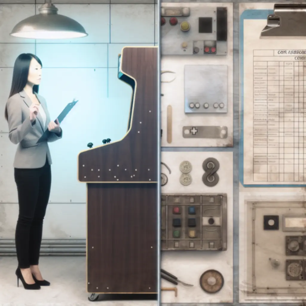 Ekspert oceniający stan zabytkowego automatu arcade z listą kryteriów