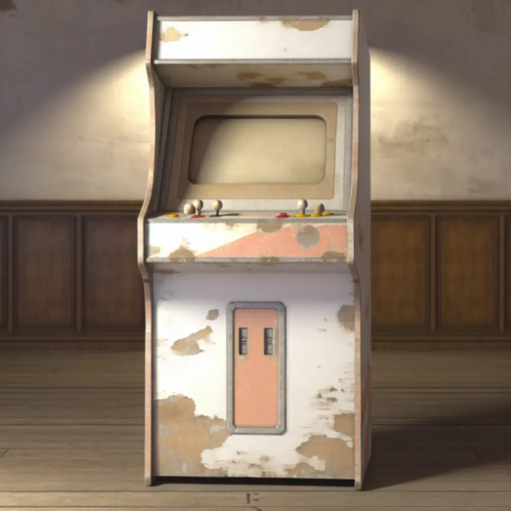 Automat arcade przed renowacją — wytarte okleiny i przebarwienia