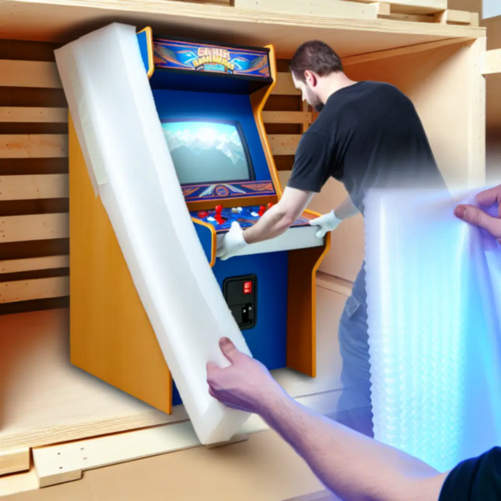 Wielowarstwowe pakowanie automatu arcade: pianki, narożniki, folia antystatyczna i skrzynia