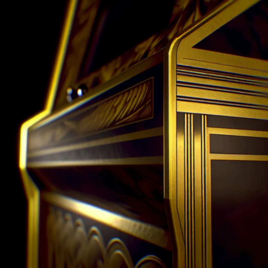 Detal bocznego panelu z odtworzoną grafiką i złotymi akcentami