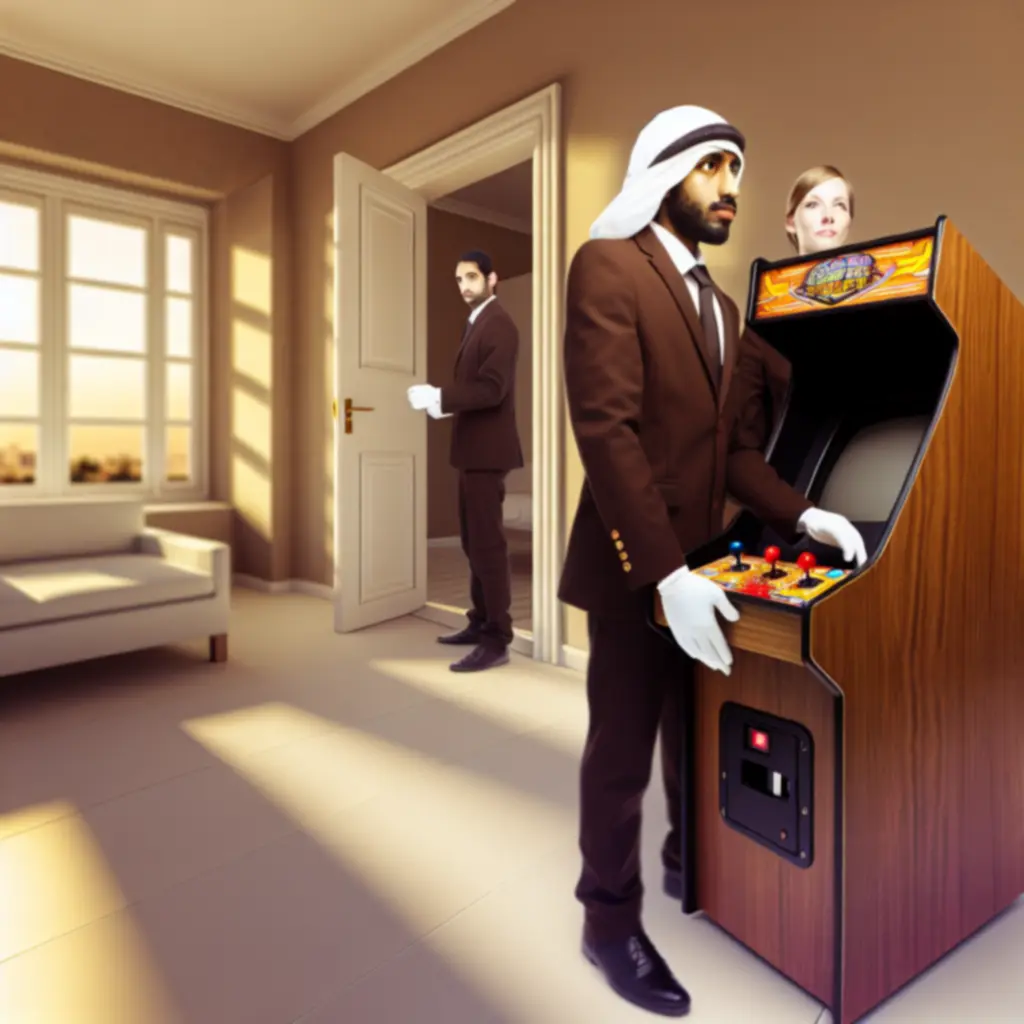 Zespół dostawczy ostrożnie wnosi odrestaurowany automat arcade